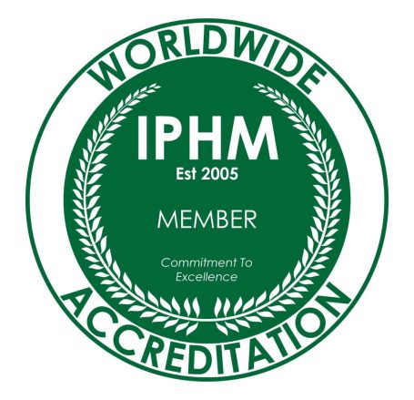 Green badge with laurel wreath, stating "Worldwide Accreditation IPHM Member Est 2005".